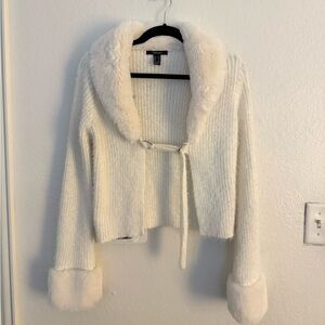 Forever 21 Ivory Fuzzy Trim Cardigan